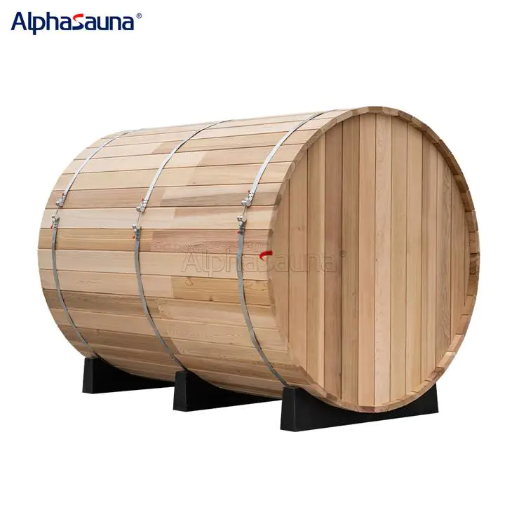 New cedar wood outdoor barrel sauna with outdoor pavilion