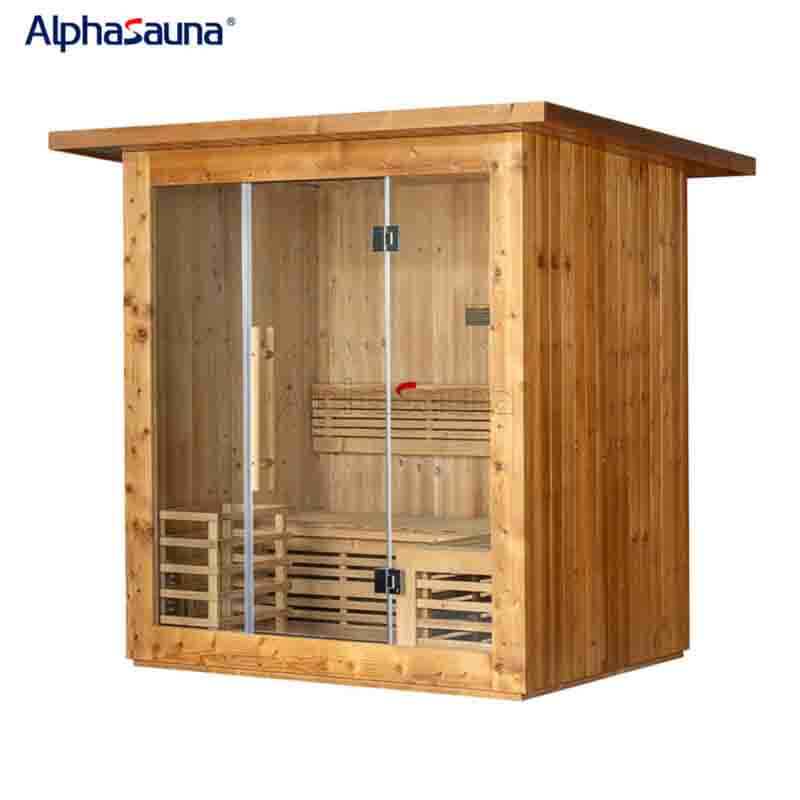 alphasauna_outdoor_heat-treated_squaretraditional_sauna_room with_L-shaped_seats_onthe_first_floor
