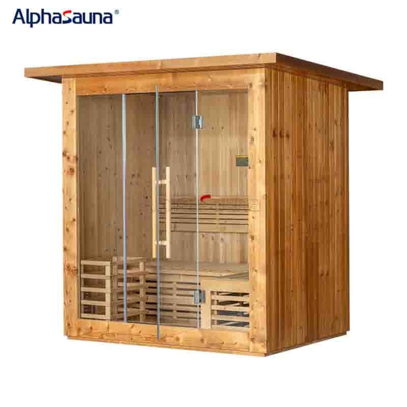 2_person_outdoor_traditional_sauna(alphasauna_outdoor_heat-treated_squaretraditional_sauna_room with_L-shaped_seats_onthe_first_floor)