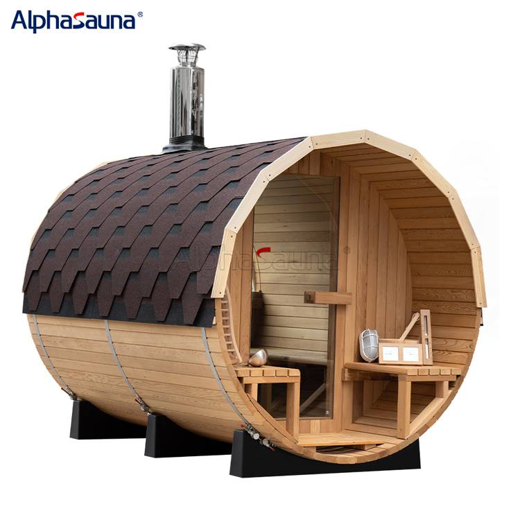 hemlock_outdoor_barrel_sauna_wood_stove_+_asphalt_tiles-alphasauna（1）
