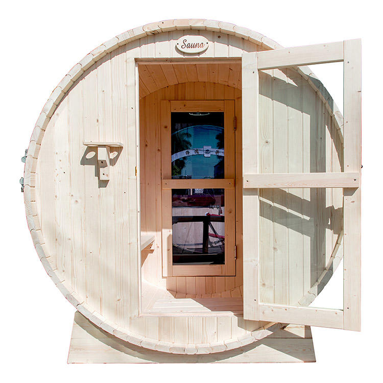 Outdoor Barrel Sauna with Panoramic View 7-8 Person, Front Porch Canopy, 9 kW, ce-certified, Heater