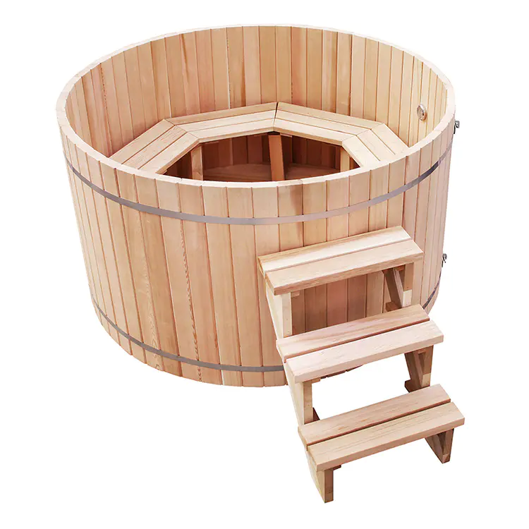 wooden Hot Tub With External Fired Stove heater Canadian A Glass Red cedar