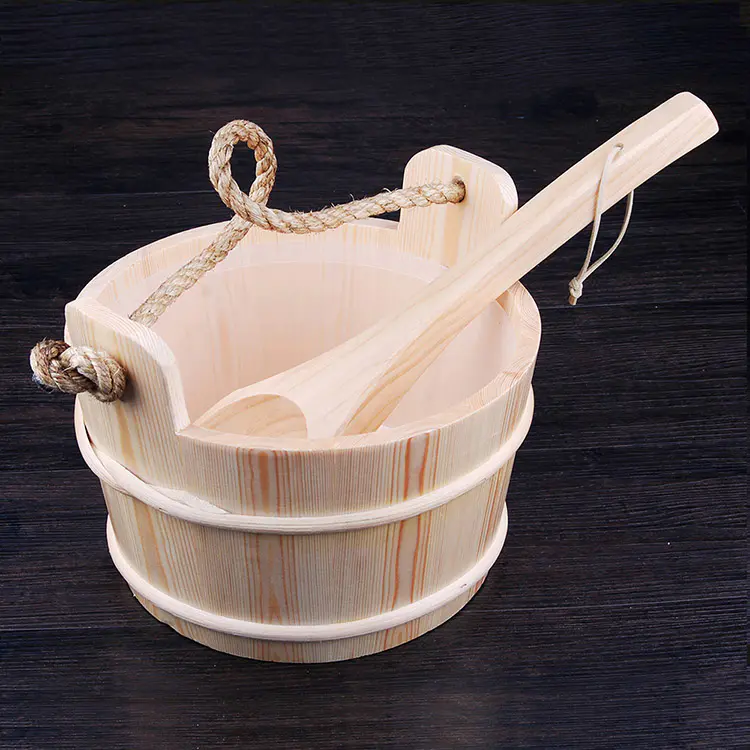 Sauna Bucket And Ladle 5L With Plastic  Linner, Strong Rope Handle