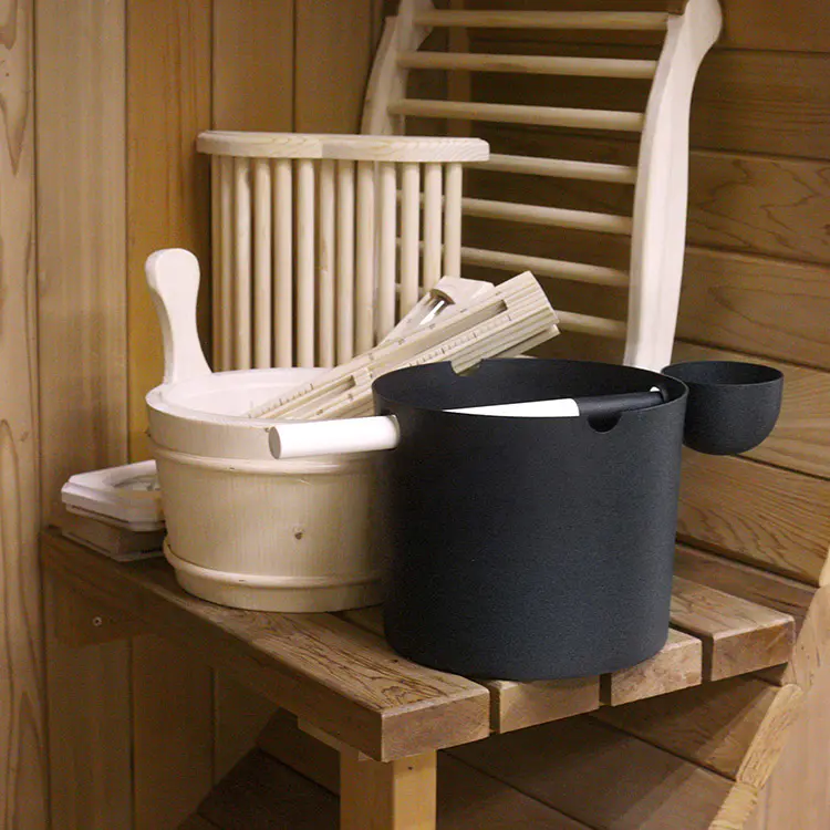 Aluminium Sauna Bucket & Ladle 5L Black/White/ With Bamboo Handle Set